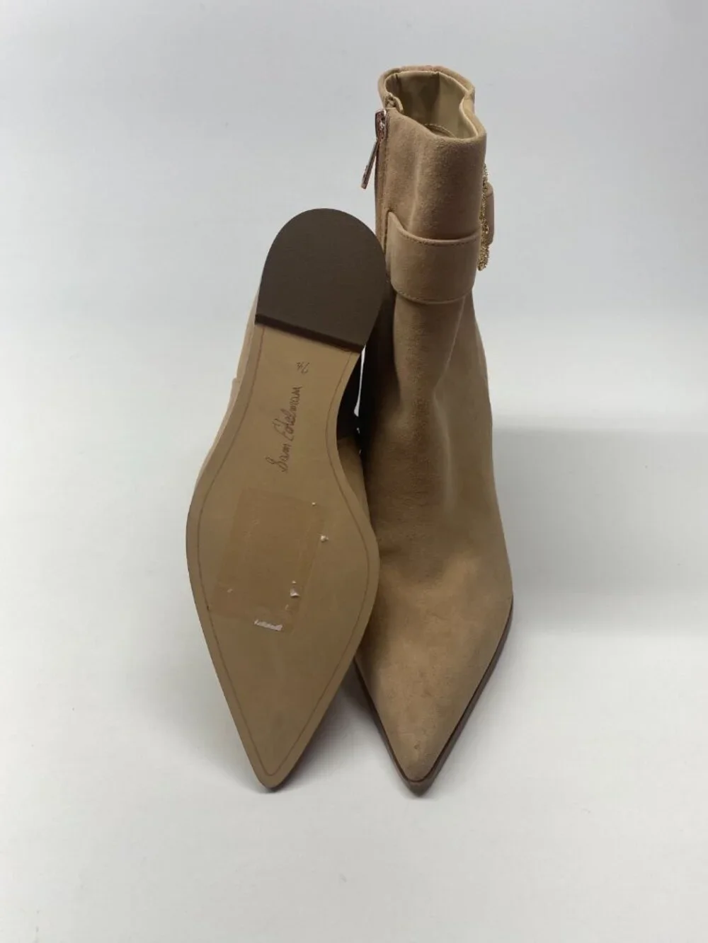 Sam Edelman Weslie Womens Suede Beige Buckle Wedge Pointy Toe Heel Boot Sz 7.5